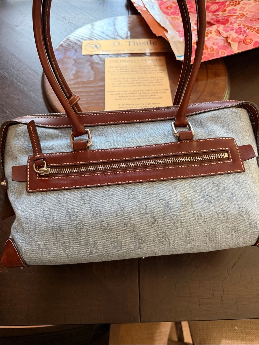 Dooney & Bourke Blue Canvas and Brown Leather Shoulder Bag - Picture 3 of 12